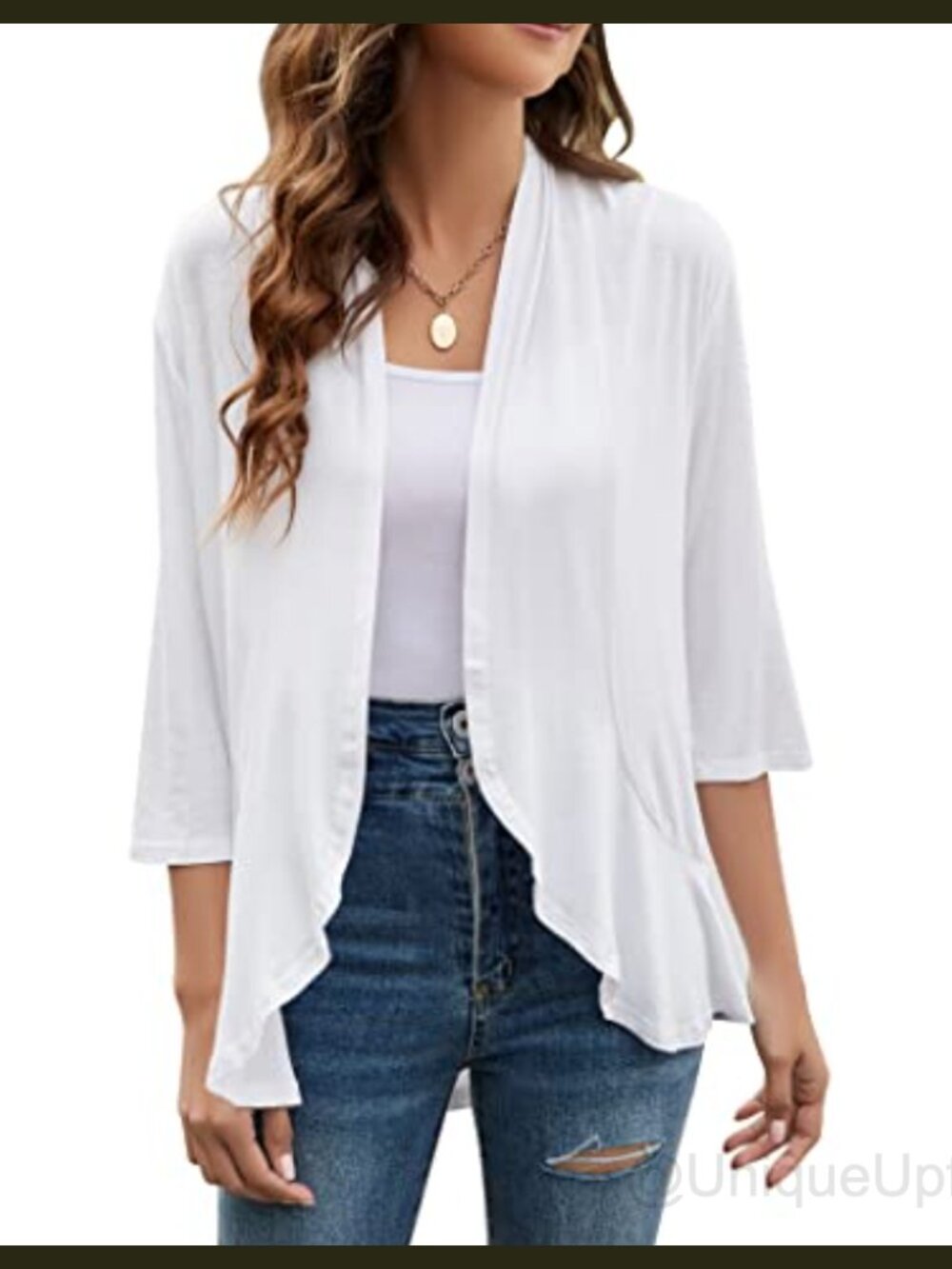 Women's 3/4 Sleeve Open Front Ruffle Cardigan Lightweight Draped Shrug